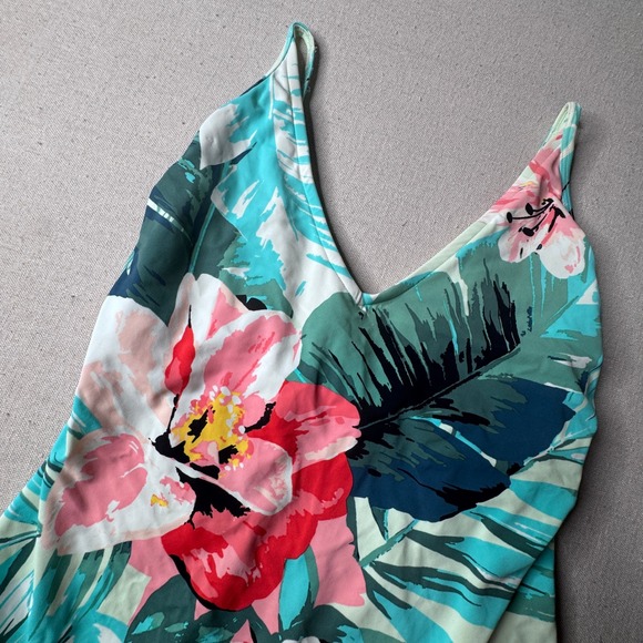 Kona Sol Other - Kona Sol Womens XL Tropical Floral One Piece Swimsuit Teal Pink VNeck Cross Back